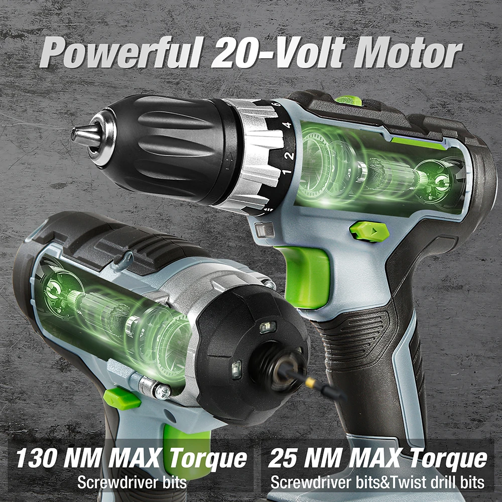 Дрель-шуруповерт WORKPRO 21 шт. 20 в литий-ионная аккумуляторная с 2 аккумуляторами для