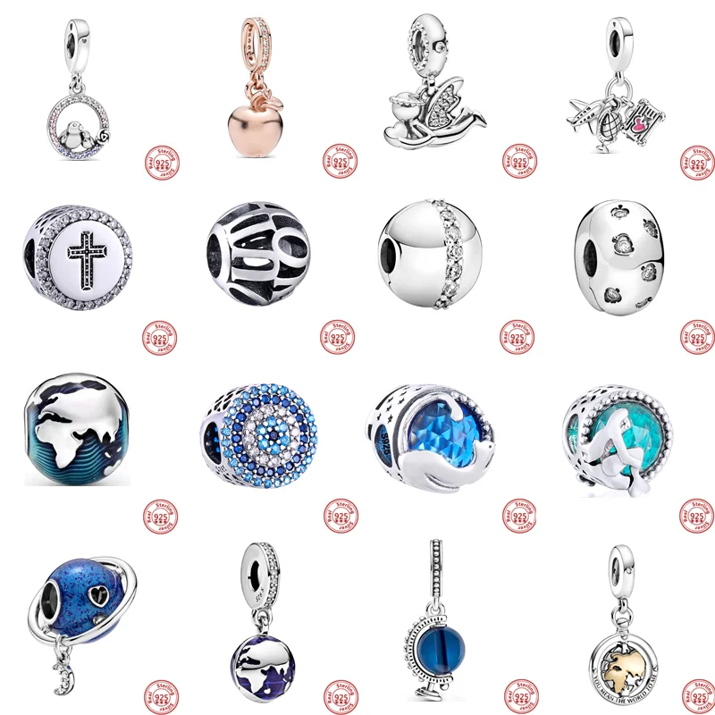 

New 925 Silver Angel Apple Love Blue Planet Sparkling Clip Beads Fit Original Pandora Charms Bracelet For Women DIY Jewelry Gift