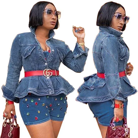 Женская модная ВИНТАЖНАЯ ДЖИНСОВАЯ КУРТКА на пуговицах с оборками|Женские