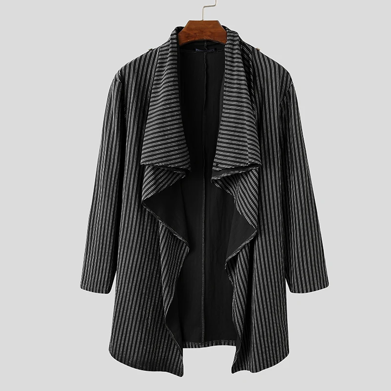 

INCERUN Men Striped Trench Cotton Turtleneck Long Sleeve One Button Coats Vintage Poncho Streetwear Casual Irregular Outerwear