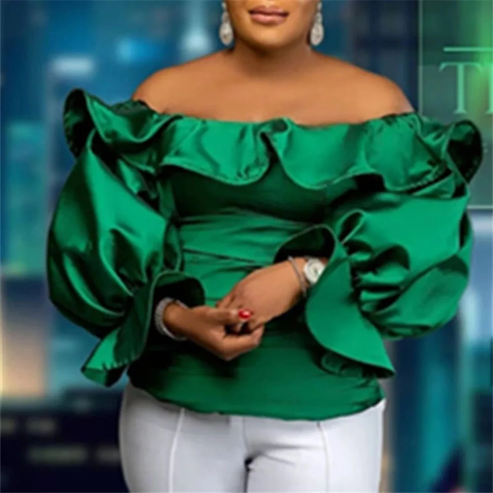 Blusa de manga larga con hombros descubiertos para mujer, Túnica verde elegante con volantes, blusa informal de gran tamaño a la moda para otoño 2022