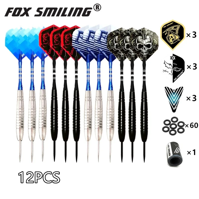 

Fox Smiling 12PCS 18/22/23g Steel Tip Darts With Aluminum Nylon Shaft With 9PCS Flights，60PCS Rubber O Ring, 1PCS sharpener