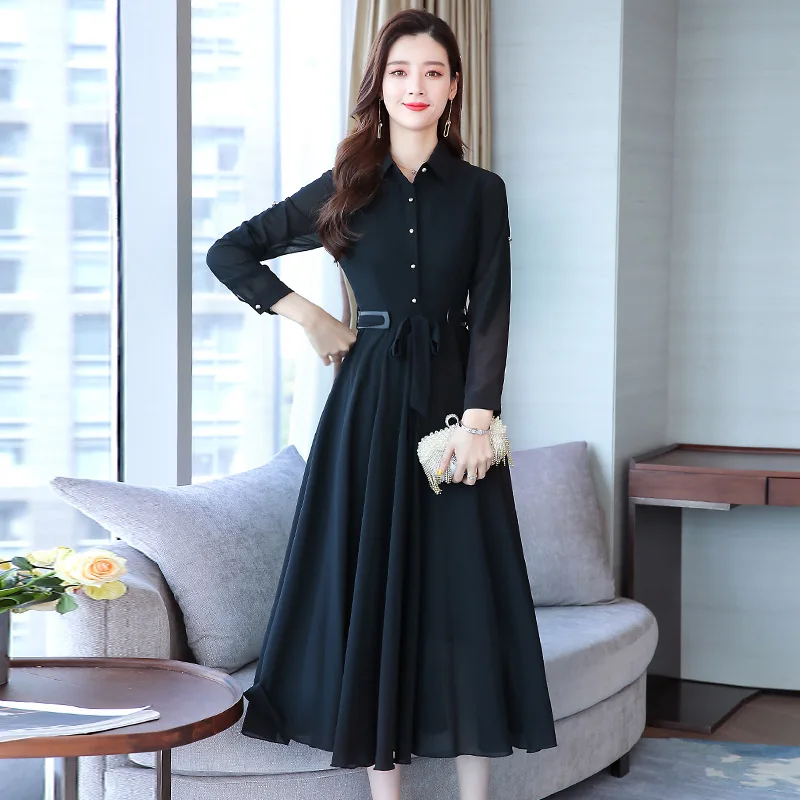 

Early autumn 2019 the new Korean version of the slim mid-length women's long-sleeved chiffon dress