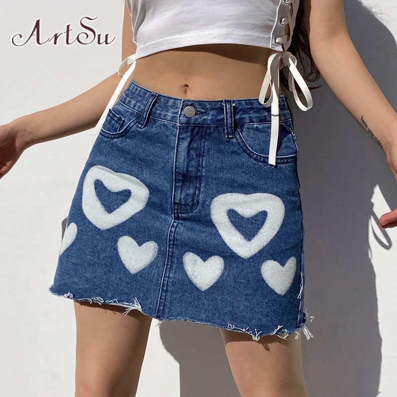 

ArtSu 2021 Summer Heart Print Irregular Short Saia Jeans Skirt High Waist Pocket Denim Skirt Mini Skirts Womens SK52124