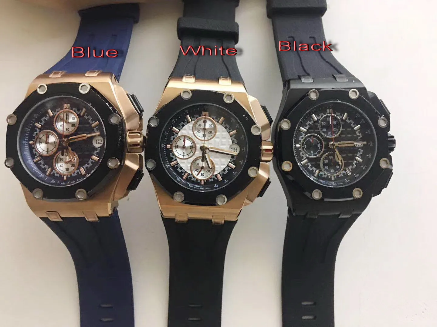 

Classic Men Stopwatch Sapphire Glass Oaks Rose Gold Black Bezel Blue Rubber Chronograph Stainless Steel Watch Royal AAA+