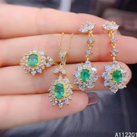 fine jewelry 925 pure silver inset with natural gem womens popular classic flower emerald pendant ring earring set support dete