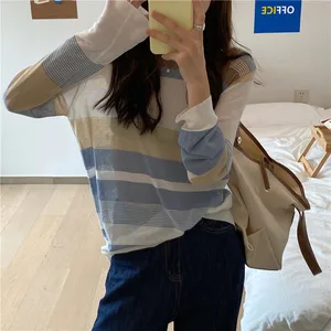 Hzirip, женские топы, женские футболки, летняя Универсальная футболка в тонкую полоску, круглый вырез, Свободный Повседневный свитер с длинным рукавом для девушек, офисных дам, 2021