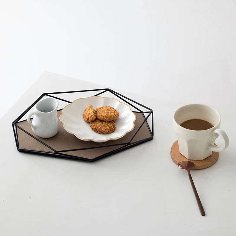 

Hexagon Home Food Coffee Bread Display Holder Plates for Tableware Metal PU Home Storage Organizer Entrance Key Holder Box