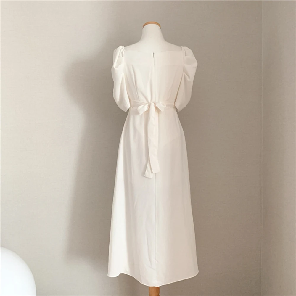 

French Women Sexy Puff Sleeve V Neck Dress Office Lady Korean Style Summer Elegant Chiffon Fairy Boho Dress Vestidos