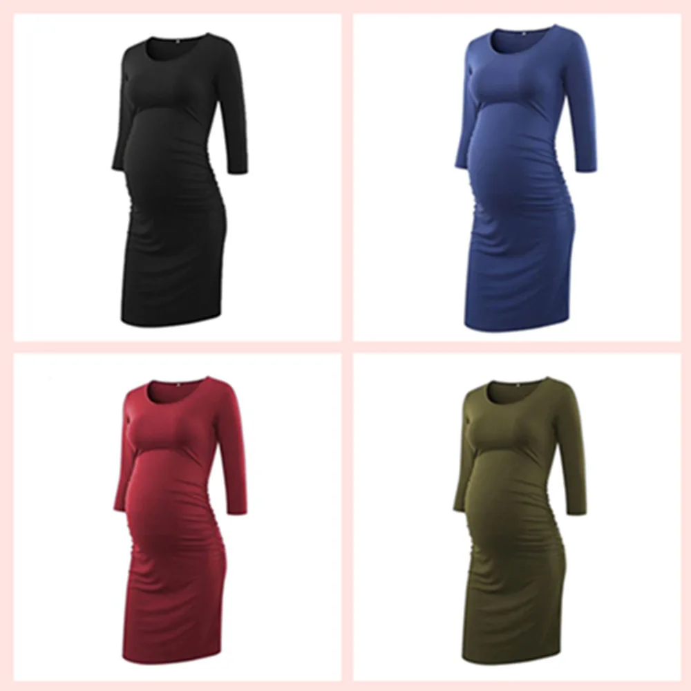 Pregnancy Soild Dresses Autumn Winter Pregnant Women Long Sleeve Tight Dress Casual Brief Mother Home Clothes Maternity Dress