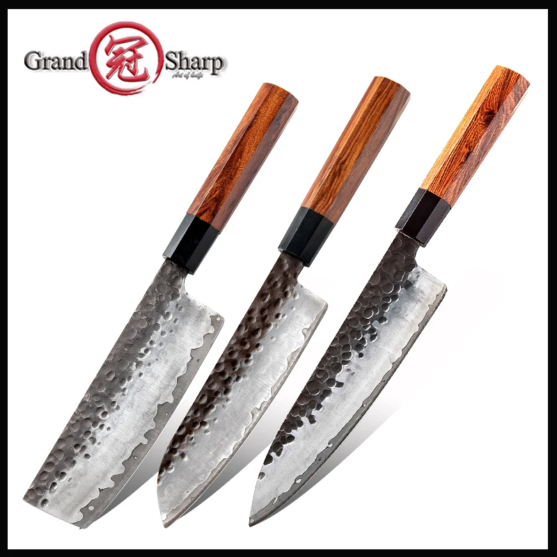 

Grandsharp 3 Pcs Handmade Kitchen Knife Set Japanese AUS10 Steel Chef Santoku Nakiri Knives ECO Friendly Pro Cooking Tools Gift