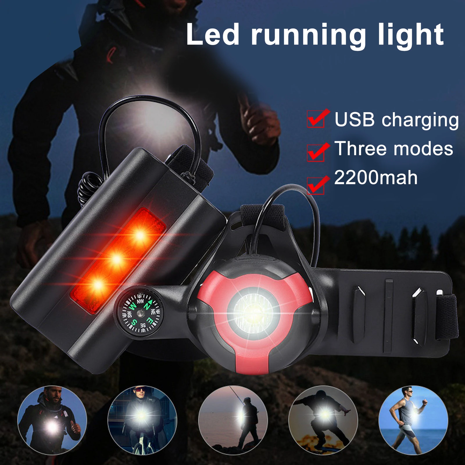 

2200mAh Outdoor Night Running Lights LED Chest Light Back Warning Light With Compass Camera Buckle For Camping Hiking Adventure