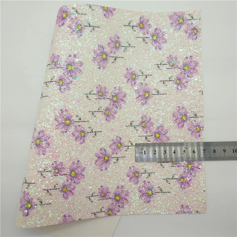 Листы из искусственной кожи с фиолетовыми блестками и цветочным принтом 21x29 см |