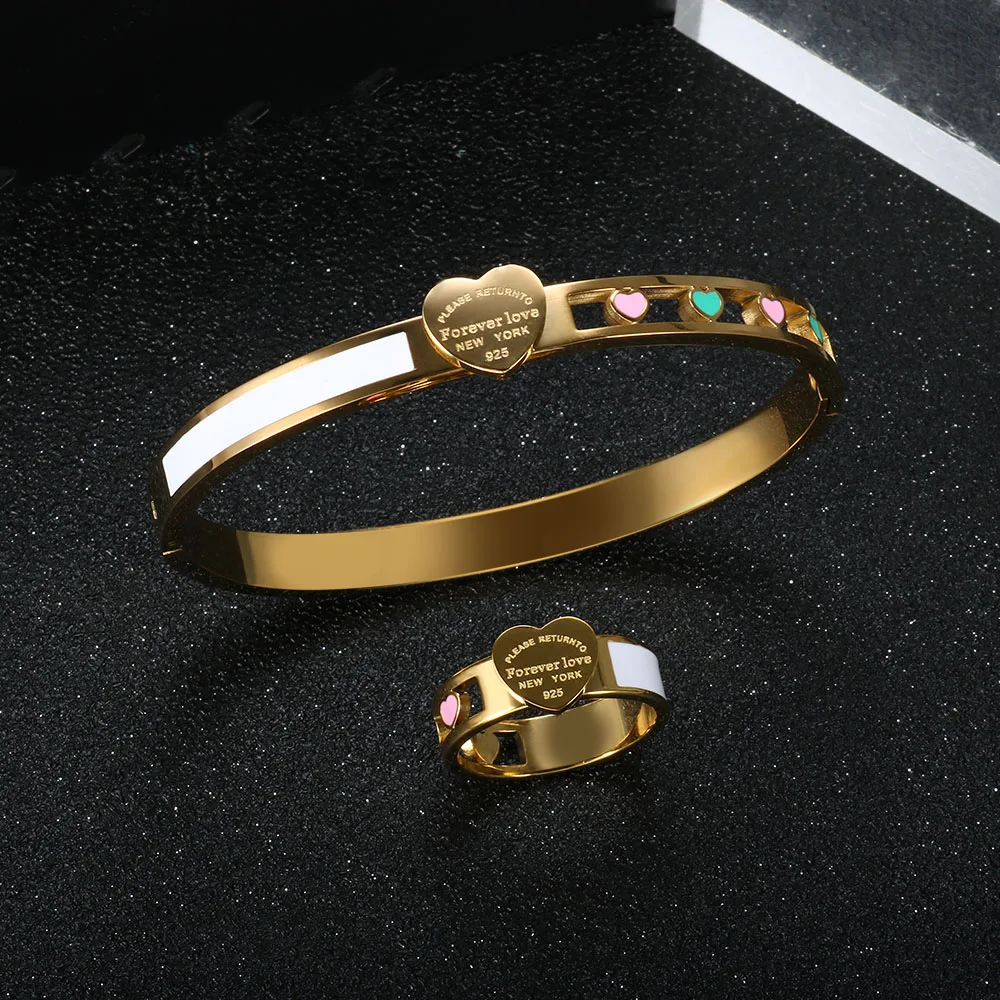Trendy Hollow Heart Jewelry Set Bangles Rings For Women Men Stainless Steel Luxury Women's Bracelet Wedding Party Jewelry Gifts