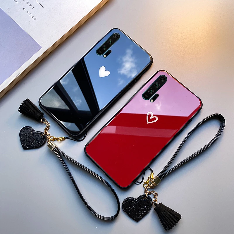 

For Huawei honor 20 Pro 20i Case Free strap Red Black Heart Hard Tempered Glass Cover For Huawei honor 20 phone Casing