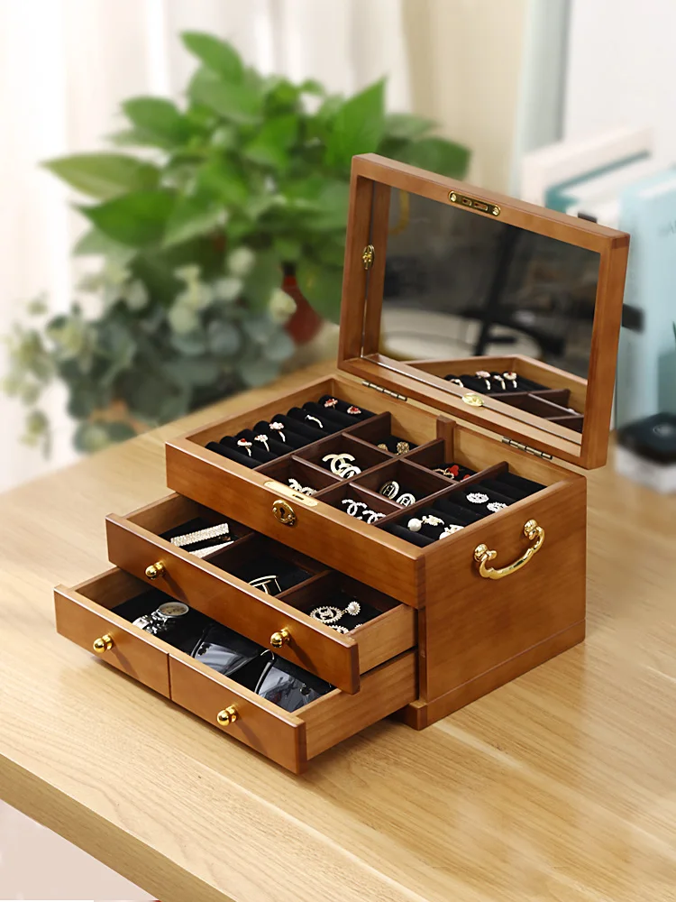 Retro Solid Wood Jewelry Box Large Capacity Multi-layer Put Ring Earring Storage