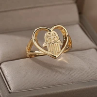 hollow fatima hamsa hand rings for women stainless steel heart shaped finger ring vintage party jewelry gift bijoux femme