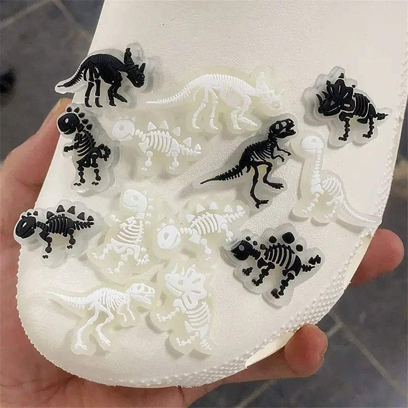 1pcs Luminous Dinosaur Skeleton Shoe Charms Triceratops Raptor PVC Shoe Decoration Designer for croc jibz Kids X-mas Party Gifts images - 6
