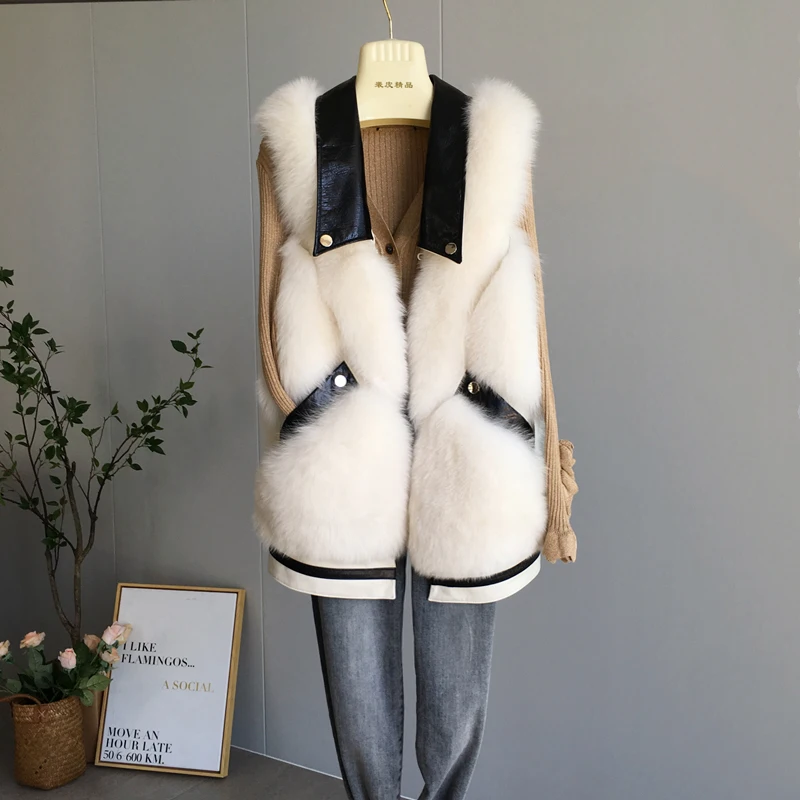 FURSARCAR 2021 New Real Natrual Fox Fur Vest Genuine Motorcycle Leather Fur Women Winter Waistcoat Sheep Skin Fox Fur Gilet