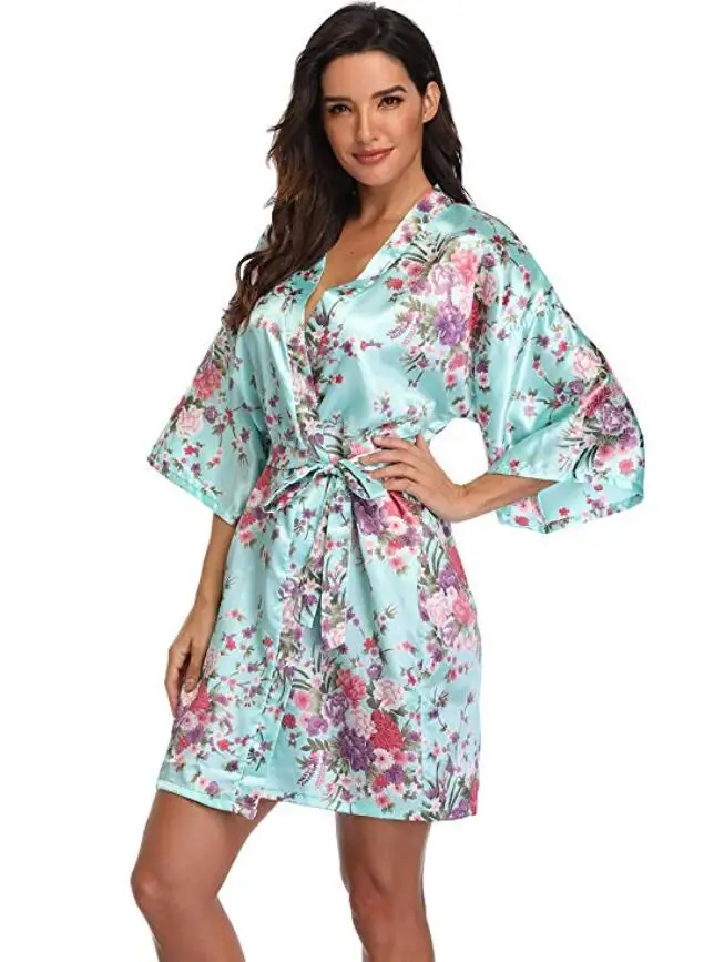 Халат женский атласный с цветочным принтом Шелковый Свадебный банный халат для