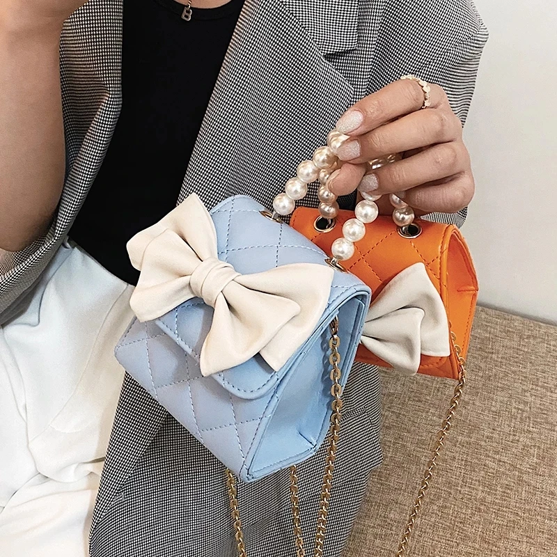 

Lattice Mini Pearl Tote bag 2021 Summer New High-quality PU Leather Women's Designer Handbag Cute Bow Shoulder Messenger Bag