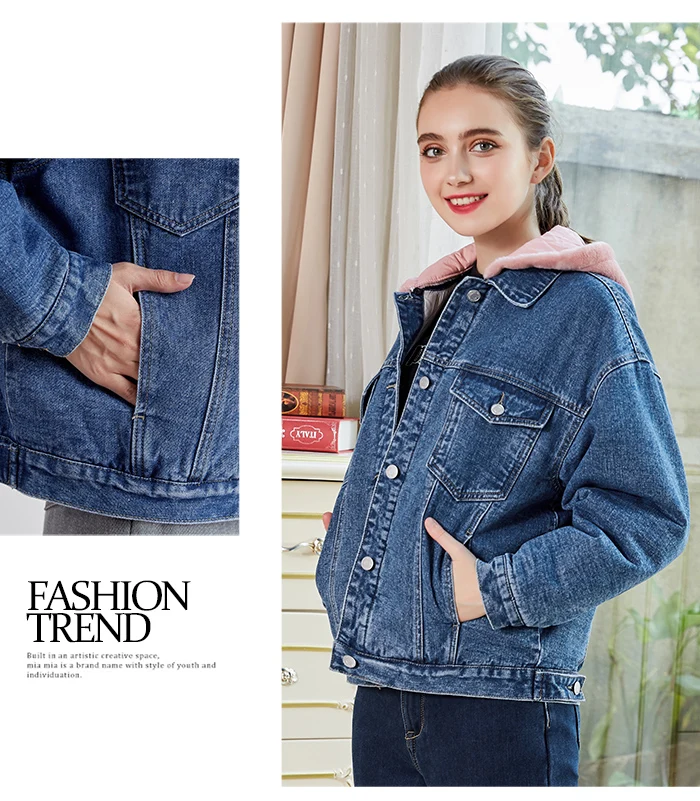 Женская джинсовая куртка с начесом LEIJIJEANS, теплая стильная куртка с розовым капюшоном, новая молодежная модель 9226R большого размера на зиму