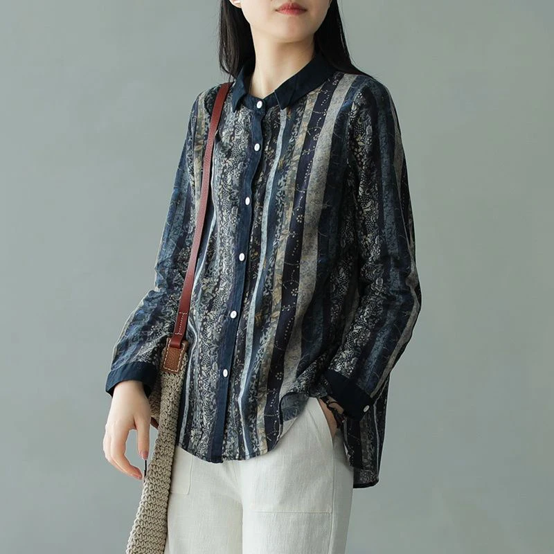 

Spring New Arts Style Women Long Sleeve Turn-down Collar Loose Casual Shirts 100% linen Print Vintage Blouse Ladies Tops S637