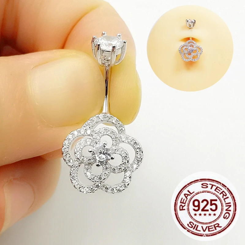 

New Fashion Sexy Piercing Navel Nail Body Jewelry 925 sterling silver Flower CZ Belly Button Rings for Women Girls