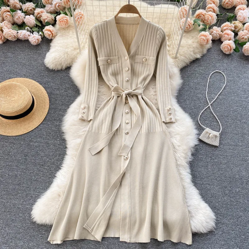 

French Vintage Knitted Long Dress Women's Spring Autumn New Korean Fashion Lace Up Waist V-neck Sweater Dress Party Vestidos