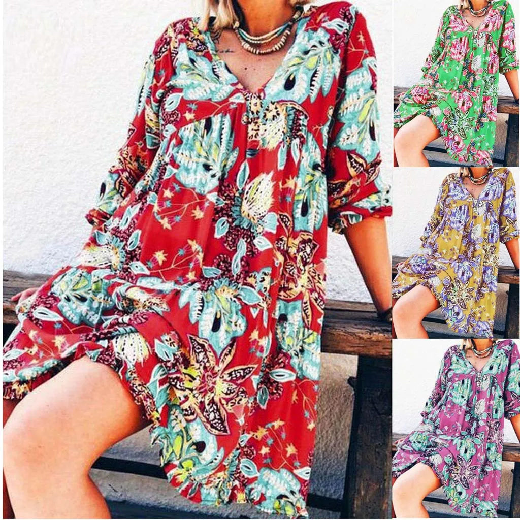 Женское платье свободного покроя с v-образным вырезом длинным рукавом и