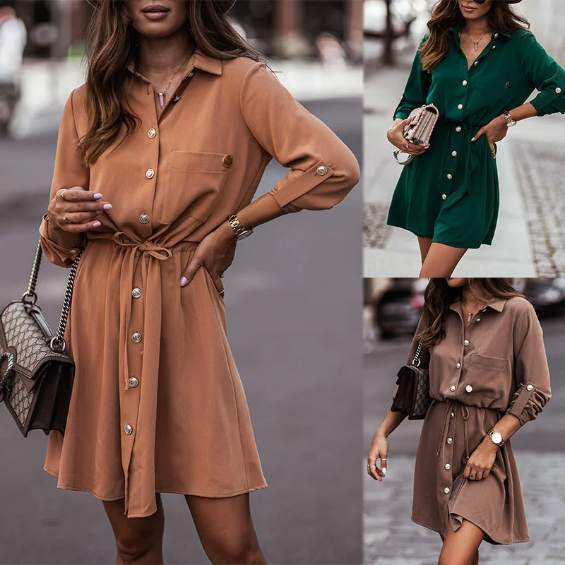 

New Women's Long Sleeve Lapel Dress in Autumn and Winter 2021