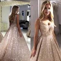 2022 sexy rose gold sequined prom dresses v neck sparkling sequin a line backless quinceanera evening dressesrobe de soir%c3%a9e fem