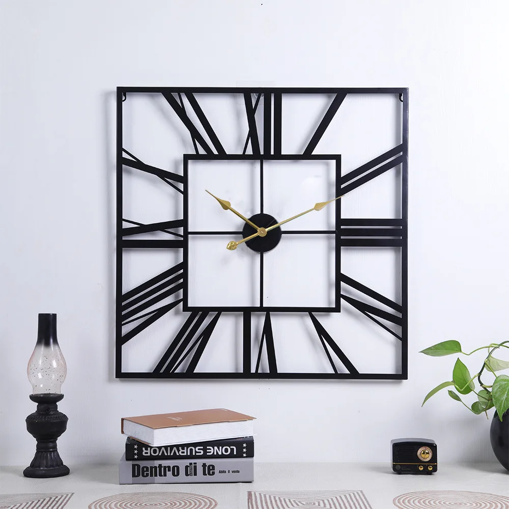 

60cm 24 Inches Square Wrought Iron Hollow Roman Numeral Wall Clock Silent Hanging Clock for Home Living Room Decoration