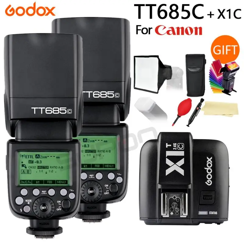 

Godox 2x TT685 TT685C 2,4G Беспроводной TTL 1/8000s GN60 флэш-Скорость lite с высоким уровнем Скорость синхронизации + X1 T-C передатчик для Canon Nikon Sony DSLR пришел