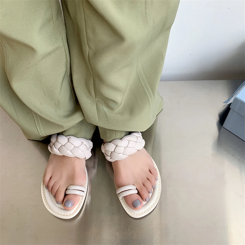 

Meotina Women Slippers Shoes Flat Sandals Low Heel Slides Square Toe Ladies Footwear Summer White Purple Beach Shoes Size 34-40