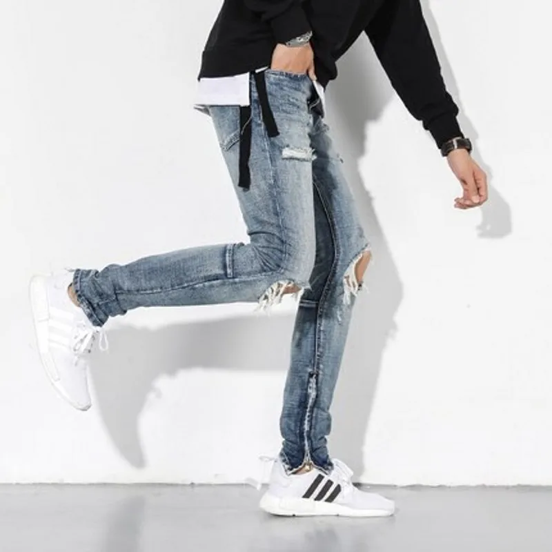 Hole High Street Ripped Jeans for Men 2023 Classic Washed Slim Fit Side Zipper Trousers Autumn Retro Beggar Pants Men Streetwear