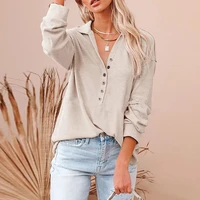 simple fashion ladies long sleeve solid color t shirt temperament commuting button up tops turndown collar casual ribbed t shirt