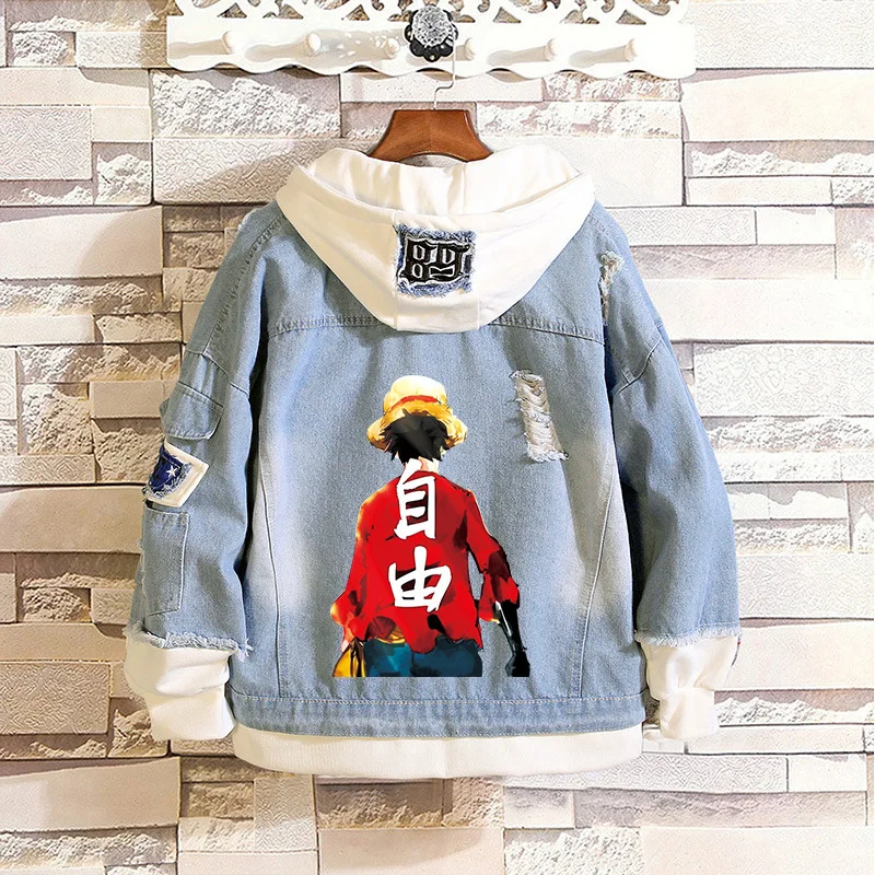 

Luffy Denim Jacket One Piece Cosplay Costumes Luffy Hooded Zipper Coats Men Women Halloween Spring Autumn Streetwears
