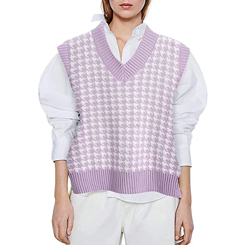 

Women Houndstooth Loose Knitted Vest Sweater Girls V Neck Sleeveless Thick Vintage Sweater Suits Female Waistcoat Chic Tops