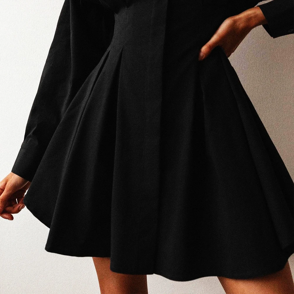 

Elegant Women Tunic White Dress Bodycon Long Sleeve Sleeve Pleated Shirt Dress 2021 Spring Autumn Balck Lapel Short Dresses