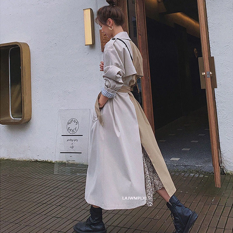 Женский плащ с поясом длинный двубортный свободного покроя весна-осень F33 2021 |