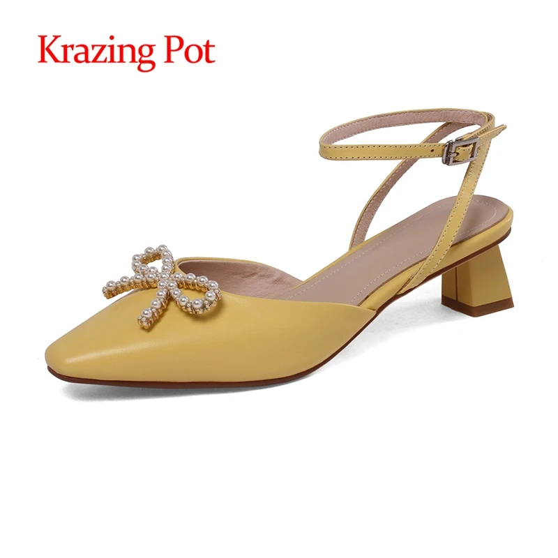 

Женские сандалии из натуральной кожи, с квадратным носком, с бантом и жемчугом