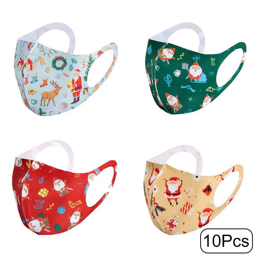 

10Pcs Ice Silk Cotton Face Masks Adults Cute Christmas Cartoon Print Mascarillas Anti Dust Reusable Washable Mouth Facial Masks