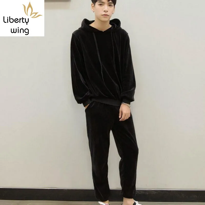 Мужской бархатный теплый спортивный костюм черная толстовка с капюшоном +