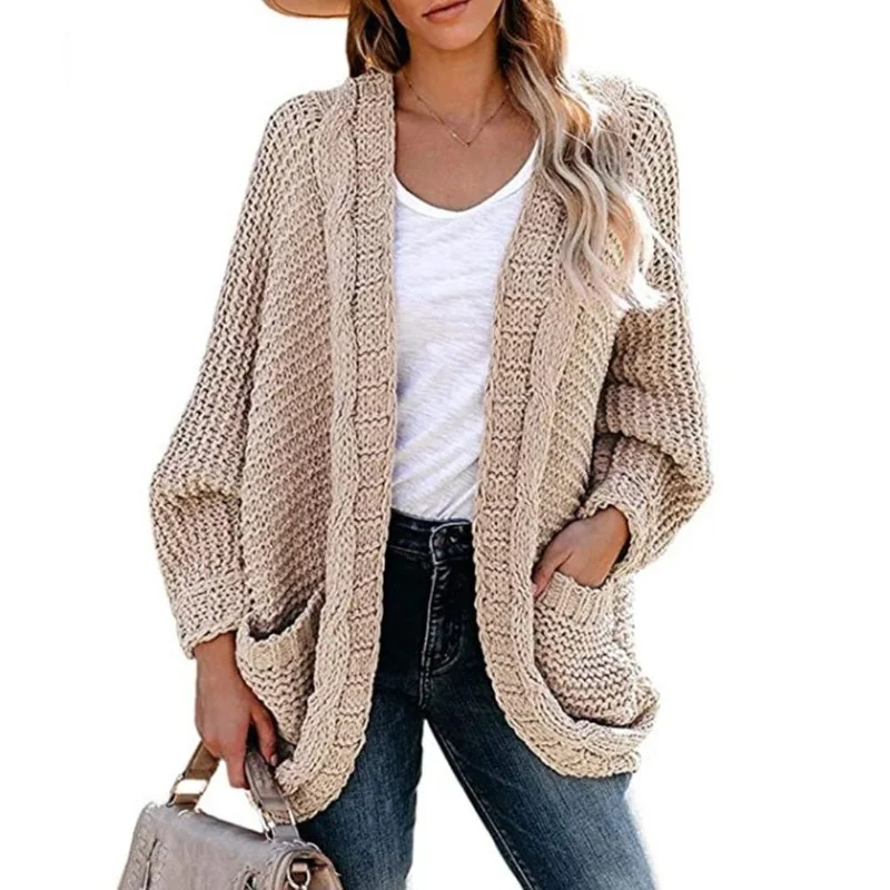 

2021 Autumn and Winter Women's Casual Sweater Solid Color Knit Pocket Loose Cardigan Sweater Coat Plus Size Women's Warm Clothes