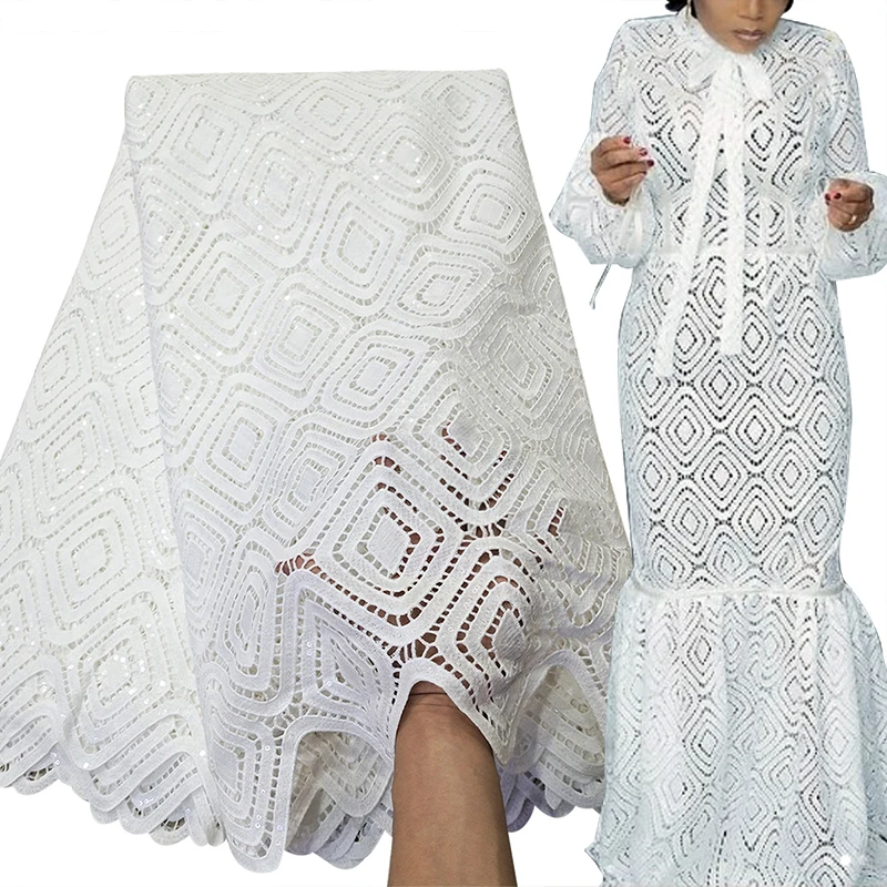 

Bestway New White African Cord Lace Water Soluble 2021 High Quality Party Soft Sequins Embroidery Nigerian Lace Fabric 5 Yards