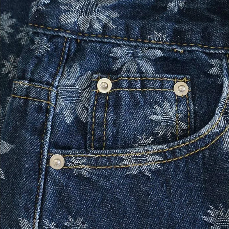 

Jeans Women Floral Printing Blue All-match Popular Ankle-Length Trousers Vintage Baggy Lady Bottom Fashion Leisure Straight Ins