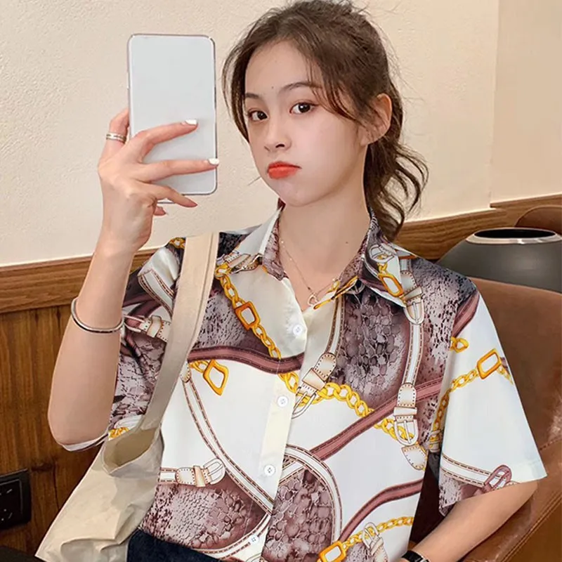 

Модная женская блузка с принтом в стиле ретро, Свободный Топ с короткими рукавами, Летняя Повседневная шифоновая рубашка, новинка