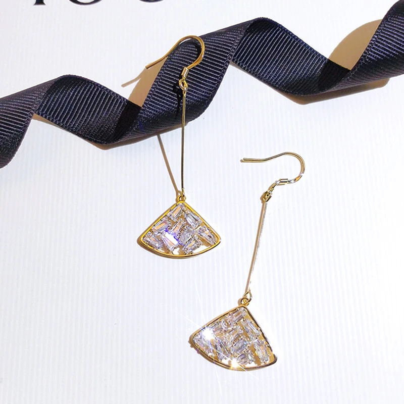 

Trendy 14K Real Gold Sector Geometric Crystal Long Drop Earrings for Women Temperament Jewelry S925 Silver Needle AAA Zircon