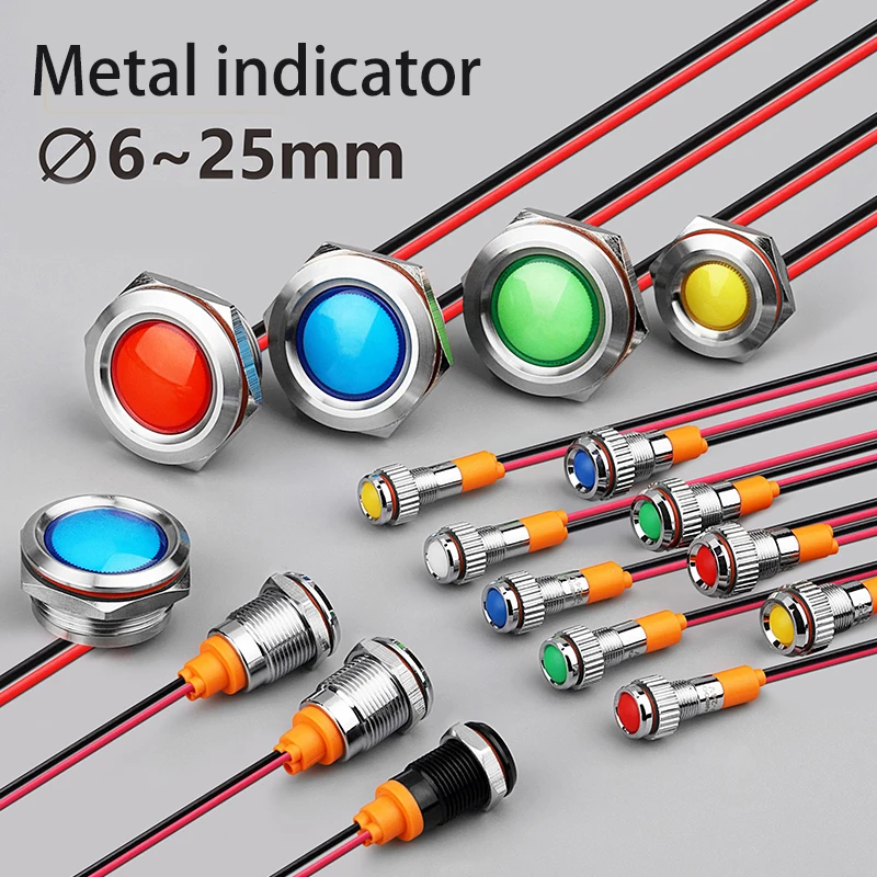 

6mm 8mm 10mm 12mm 14mm Metal LED Warning indicator light Waterproof IP67 Signal Lamp Pilot Wires switch 3V 5V 12V 220V Red Blue